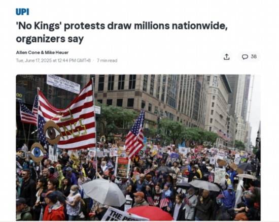 “No Kings”抗议席卷美国全国。图片来源:合众国际社报道截图