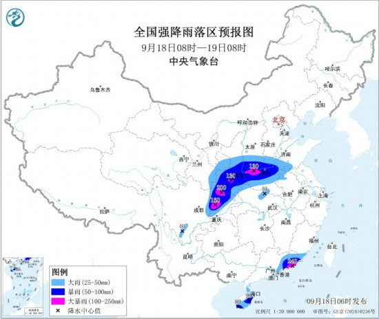 全国强降雨落区预报图(9月18日08时-19日08时)