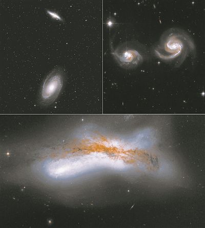 银河系与仙女星系未来3种可能的碰撞情景。左上:两星系擦肩而过。右上:两星系逐渐靠近并发生近距离接触。下图:两星系发生碰撞。图片来源:NASA/ESA