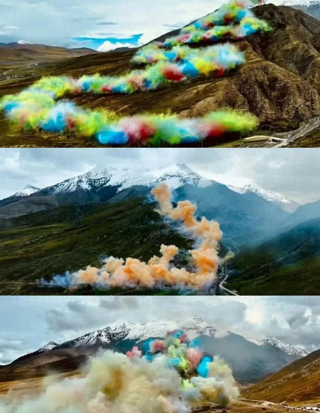 现场视频显示，烟花秀通过火药爆破在山脊点燃三幕烟花，形成“升龙”动态景观 图源：“央视新闻”微信公众号
