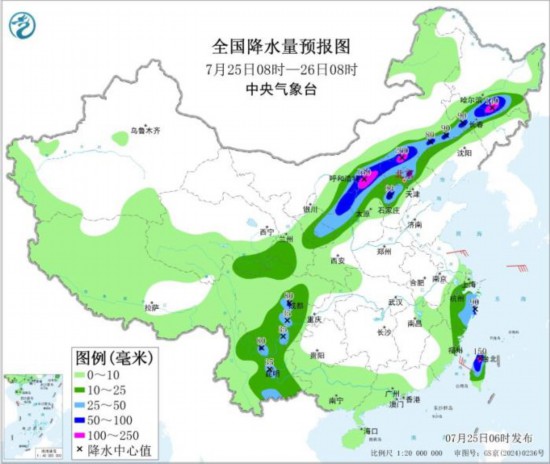 图1 全国降水量预报图(7月25日08时-26日08时) 。图片来源:中央气象台网站
